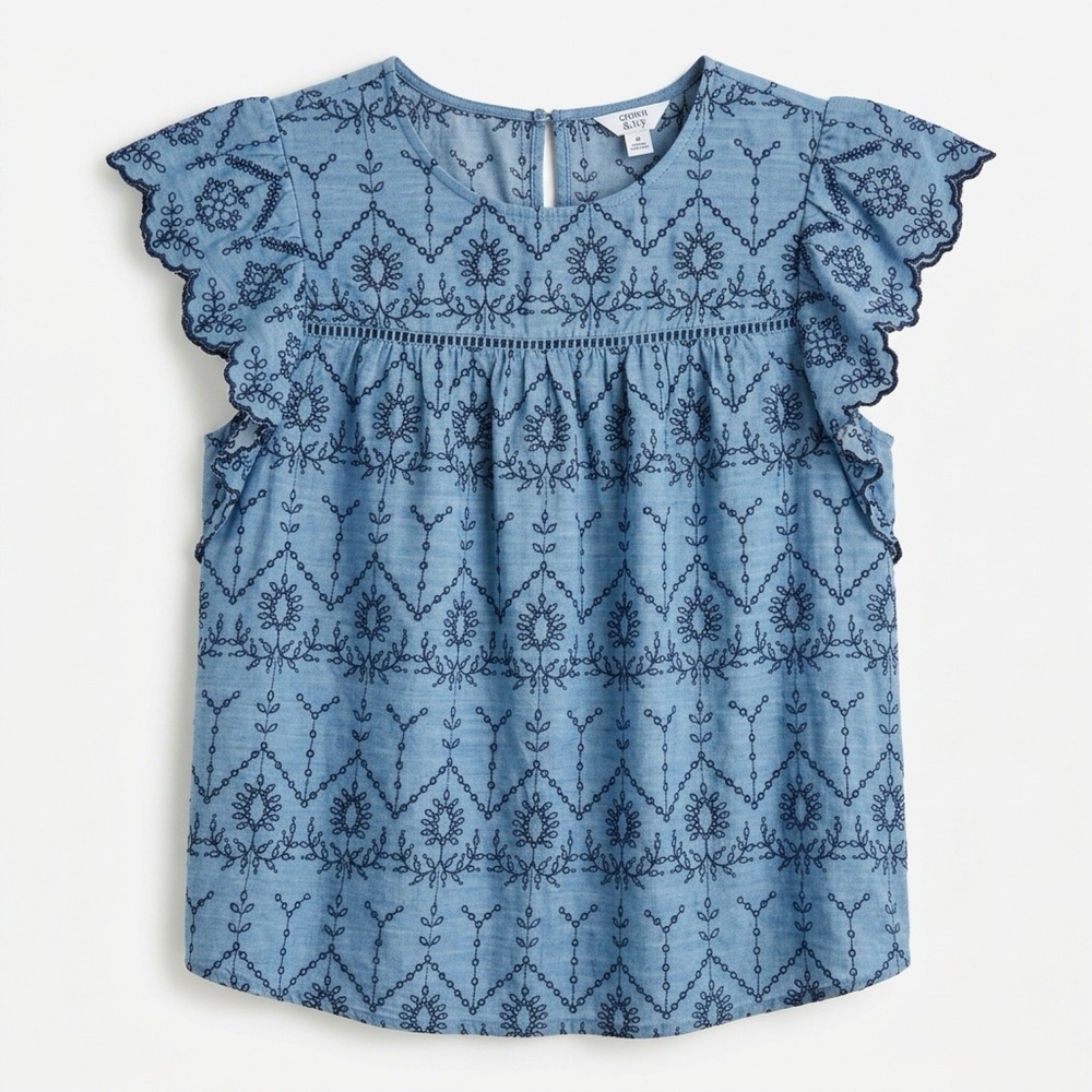 Crown & Ivy Blouse Womens XXL Blue Eyelet Embroidered Flutter Sleeve Top